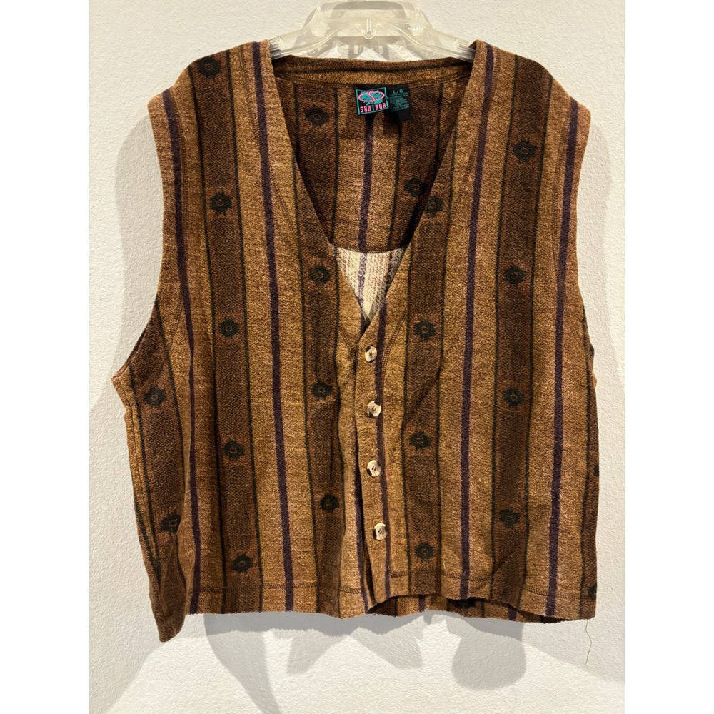 Vintage Santana Brown Striped Southwestern Button Front Vest Large Cotton Blend‎